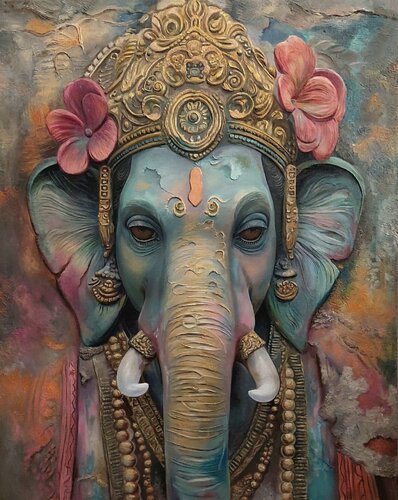 Oil Painting “Royal Ganesha” — Luxury Interior Statement de Evgeniya Duvakina, Pintura a la venta en Singulart