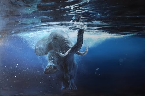 Elephant and the Water Element — Exclusive Ocean Art van Evgeniya Duvakina, Schilderij te koop op Singulart