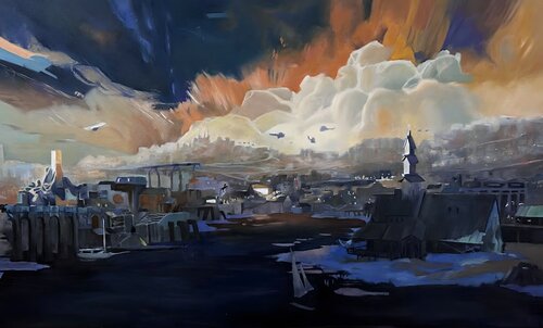 Oil Painting “Fiery Sky Over the River” — Exclusive Expressive Cityscape par Evgeniya Duvakina, Peinture en vente sur Singulart