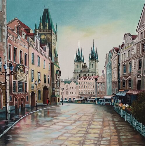 “Urban Elegance After the Rain —  A Premium painting from the “Mediterranean Symphony” series. van Evgeniya Duvakina, Schilderij te koop op Singulart