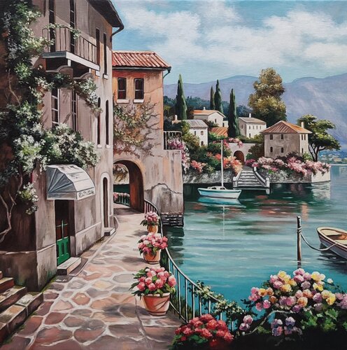“Azure Coast in Blooming Splendor — A painting from the “Mediterranean Symphony” series von Evgeniya Duvakina, Malerei kaufen auf Singulart