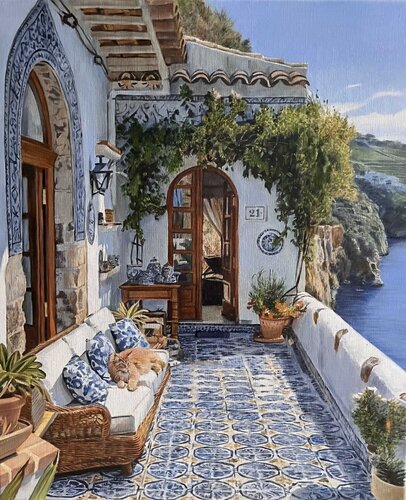 Oil Painting “Sunny Terrace” — Refined Fine Art by Evgeniya Duvakina, Painting for Sale on Singulart