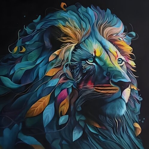 Impulse of Life and Color: An Intuitive Image of a Lion in the Flow of Motion di Evgeniya Duvakina, Pittura in vendita su Singulart