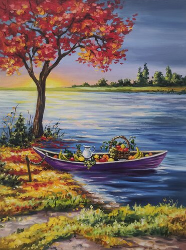 Oil Painting Boat of Abundance Premium Landscape Sunset by the Water van Evgeniya Duvakina, Schilderij te koop op Singulart