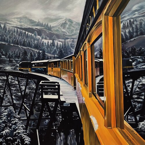 Oil Painting Train in the Mountains Premium Landscape de Evgeniya Duvakina, Pintura a la venta en Singulart