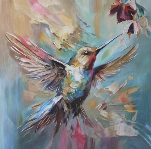 Oil Painting Hummingbird Tenderness Interior Art van Evgeniya Duvakina, Schilderij te koop op Singulart