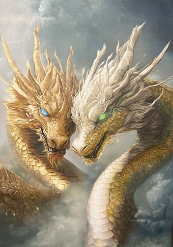 Oil Painting Two Dragons Premium Quality par Evgeniya Duvakina, Peinture en vente sur Singulart