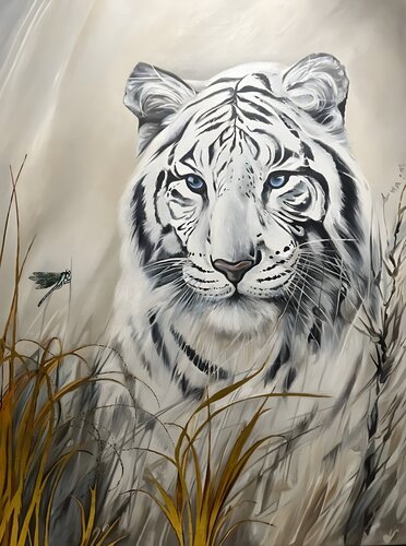 Oil Painting: "Tiger and Dragonfly" — Premium Narrative par Evgeniya Duvakina, Peinture en vente sur Singulart
