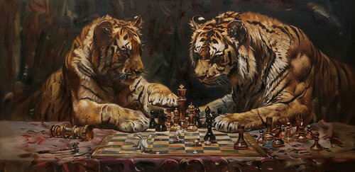 Oil Painting: "Tigers at the Chessboard" — An Exclusive Narrative by Evgeniya Duvakina, Painting for Sale on Singulart