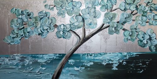 Oil Painting Turquoise Tree Above Water Premium Quality di Evgeniya Duvakina, Pittura in vendita su Singulart