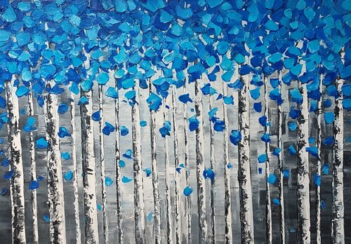 Exclusive Painting Blue Birch Forest Premium Quality par Evgeniya Duvakina, Peinture en vente sur Singulart