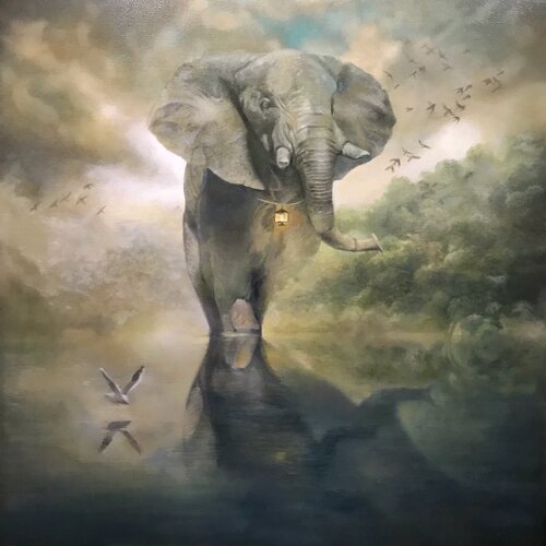 Oil Painting Big Elephant Exclusive Scene van Evgeniya Duvakina, Schilderij te koop op Singulart