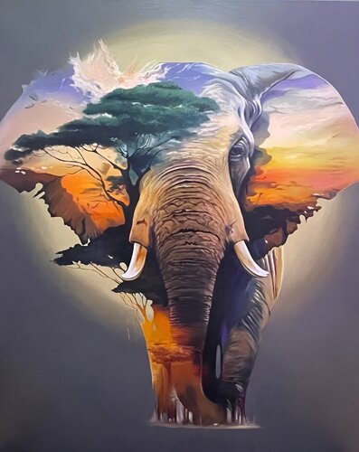Oil Painting African Landscape Elephant Premium van Evgeniya Duvakina, Schilderij te koop op Singulart