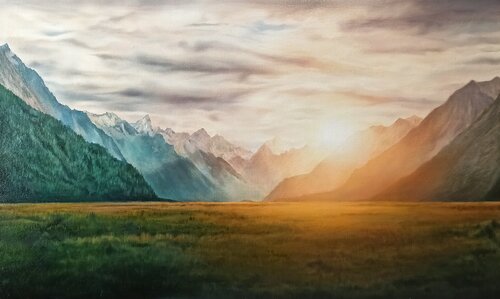 Oil painting “Dawn in the Mountains” — premium quality de Evgeniya Duvakina, Pintura a la venta en Singulart