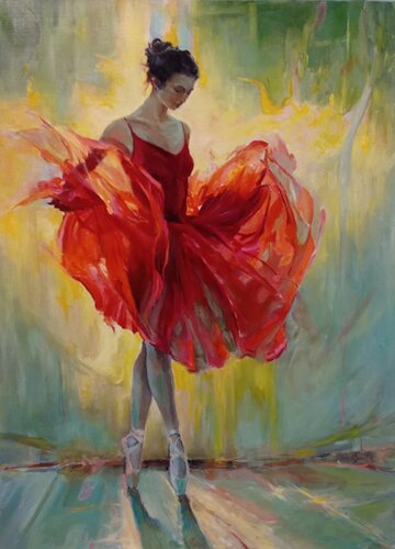 Taste of movement and passion: oil painting “Ballerina Dance in Red”. by Evgeniya Duvakina, Painting for Sale on Singulart
