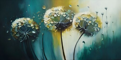 Exclusive Original Oil Painting "Golden Breath of the Wind" – Luxurious Dandelions in Contemporary Gallery Fine Art by Evgeniya Duvakina, Painting for Sale on Singulart