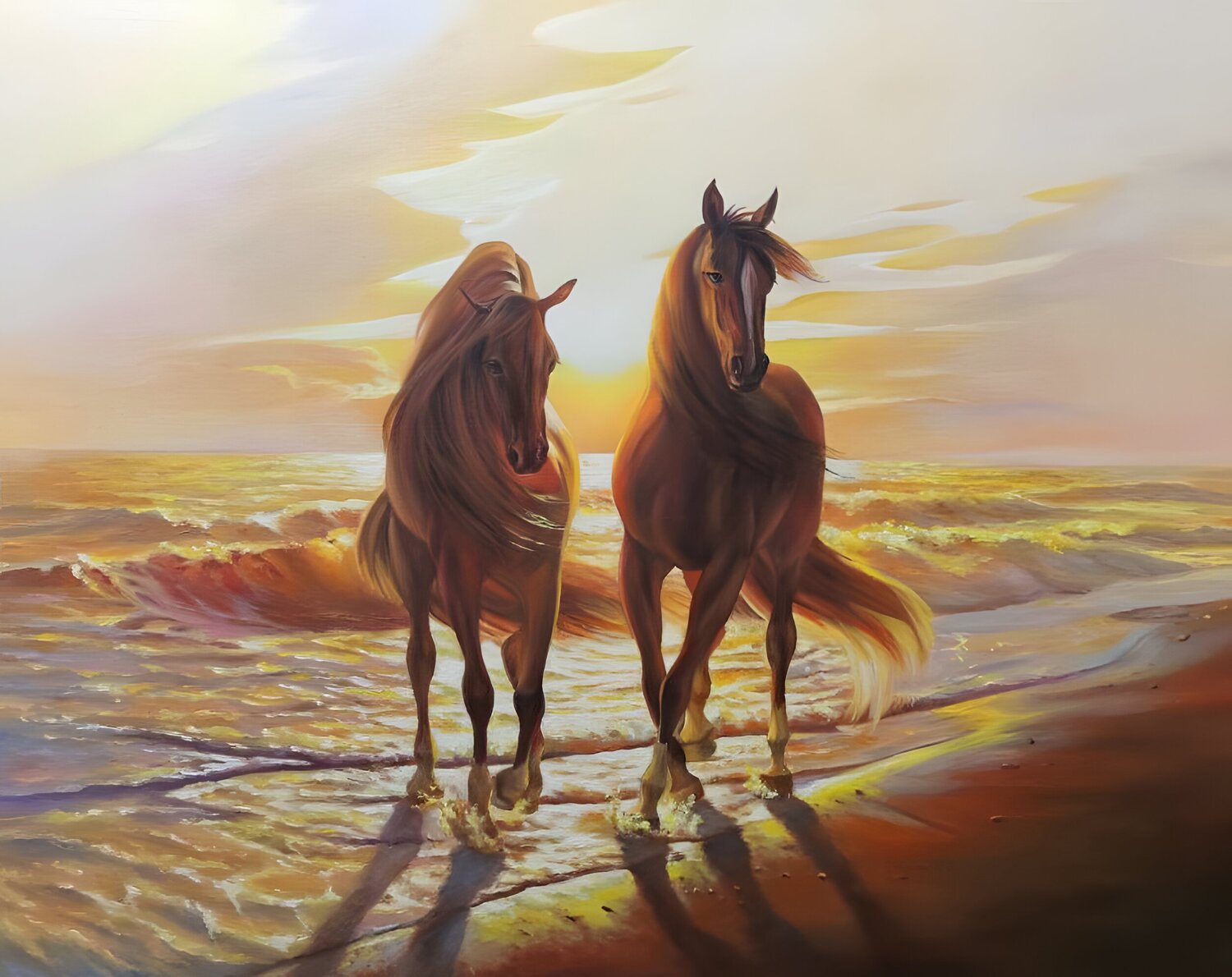 Premium Painting “Horses at Sunset” Evgeniya Duvakina Originalgemälde zu verkaufen