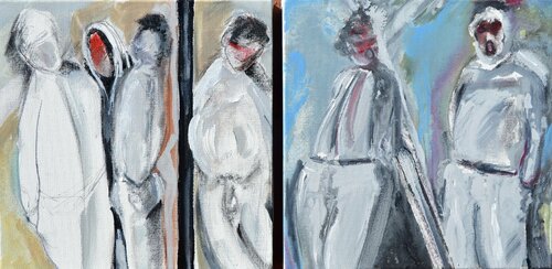 "Look Who Forgot His Clothes, Again!" / "NO, YOU are!"...Dyptch di Joe LaMattina, Pittura in vendita su Singulart