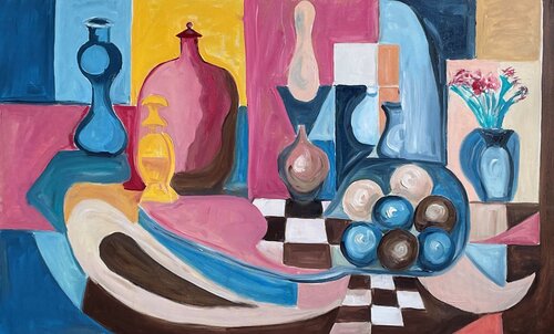 "Geometric Harmony: Still Life with Vibrant Vessels" von Elena Logovinsky, Malerei kaufen auf Singulart
