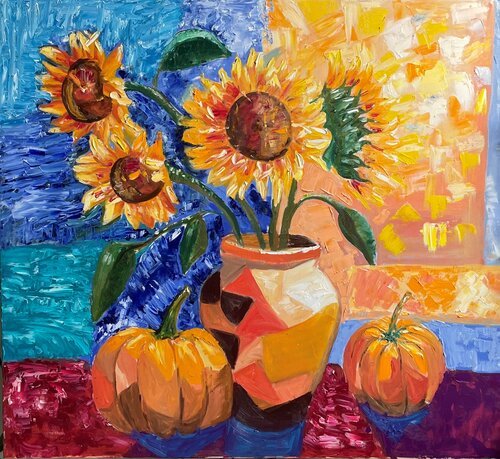 "Harvest Symphony: Sunflowers  and Pumpkins von Elena Logovinsky, Malerei kaufen auf Singulart