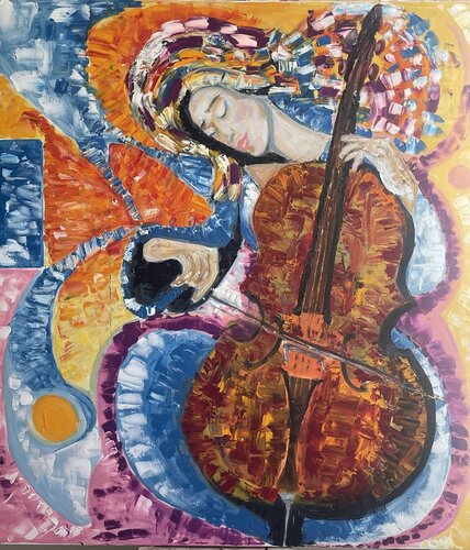 "Vibrant Harmonies: Woman and Cello" von Elena Logovinsky, Malerei kaufen auf Singulart