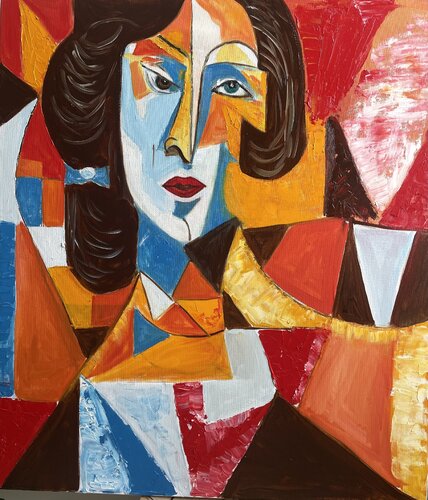 "Dual Vision: A Cubist Reflection of Womanhood" par Elena Logovinsky, Peinture en vente sur Singulart