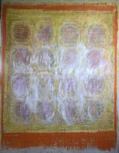 This painting is without title. In my work as an abstract painter,  I use old patterns such as oriental carpets which through a slow process, lair by lair, by inspecting their forms I transform each piece into a painterly language. von bergljót kjartansdóttir, Malerei kaufen auf Singulart