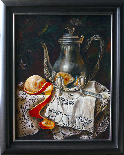 Orange on lace tablecloth with silver coffee pot van Inga Loginova, Schilderij te koop op Singulart