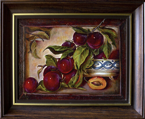 Satin Plums and the Ancient Meander: A Trompe-l'oeil Symphony by Inga Loginova, Painting for Sale on Singulart