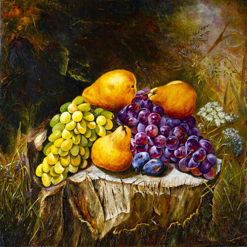 Grapes and pears on an old stump von Inga Loginova, Malerei kaufen auf Singulart