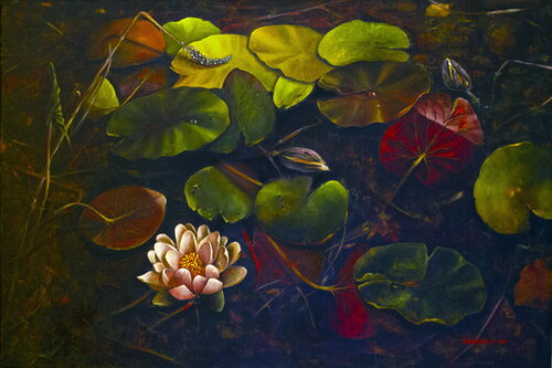 Water lilies in marsh leaves by Inga Loginova, Painting for Sale on Singulart