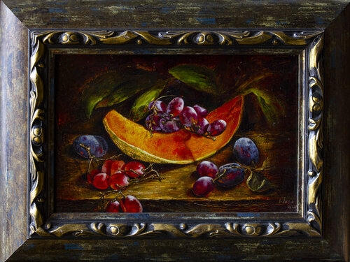Golden Harvest: Melon and Velvet Grapes di Inga Loginova, Pittura in vendita su Singulart