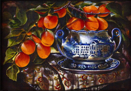 Apricot branch in a porcelain bowl by Inga Loginova, Painting for Sale on Singulart