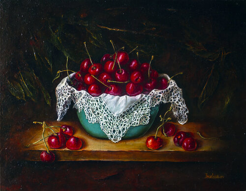 Cherries in a turquoise bowl. von Inga Loginova, Malerei kaufen auf Singulart