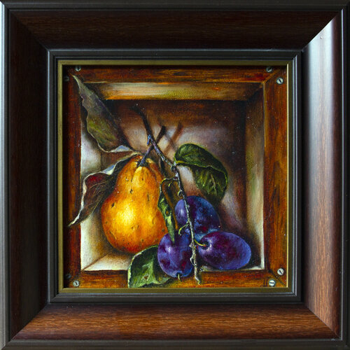 A ripe pear with a branch of plum. (Trompe l'oeil technique) di Inga Loginova, Pittura in vendita su Singulart
