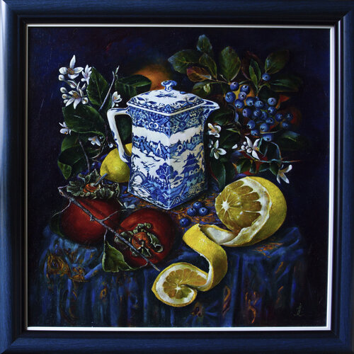 Blue still life with lemon van Inga Loginova, Schilderij te koop op Singulart