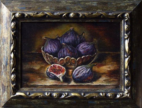 Figs in an old copper bowl de Inga Loginova, Pintura a la venta en Singulart