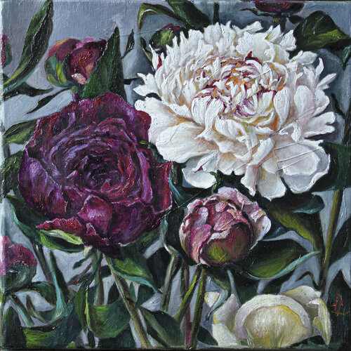 Renaissance Fragment: The Dialogue of Peonies de Inga Loginova, Pintura a la venta en Singulart