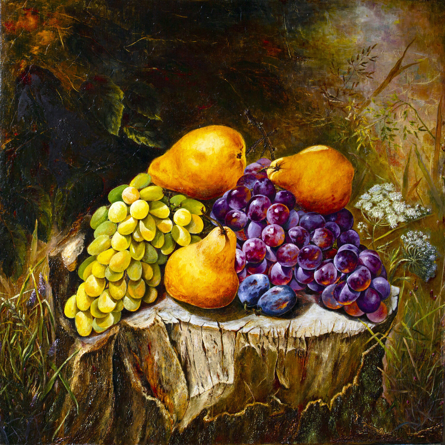 Grapes and pears on an old stump Inga Loginova