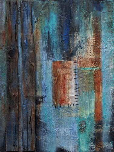 Altes Holz auf einer Patchworkwand van Birgit Urlbauer, Schilderij te koop op Singulart