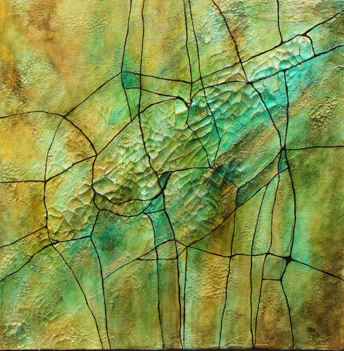 Geologisch abstrakt, Grün- Türkise Gesteinsstruktur van Birgit Urlbauer, Schilderij te koop op Singulart