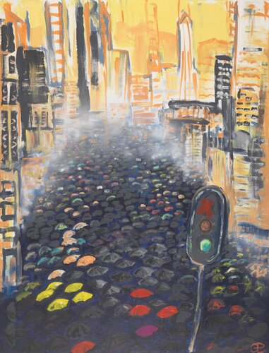 "Be like water!" (Umrellas in HongKong) van Günther Baechler, Schilderij te koop op Singulart