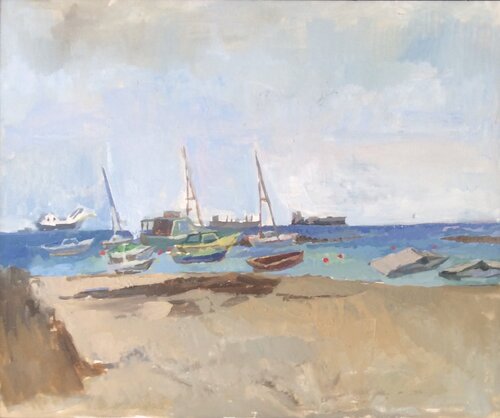Boats . Sandy beach. Limassol von Anna Trigub, Malerei kaufen auf Singulart