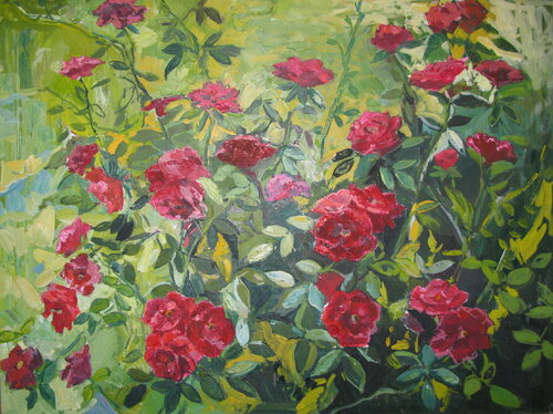 Scarlet roses in the garden von Anna Trigub, Malerei kaufen auf Singulart