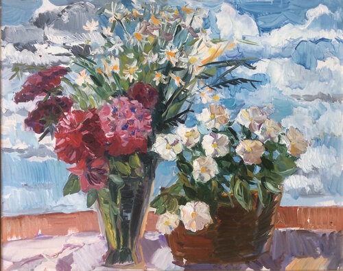 Summer bouquet with daisies van Anna Trigub, Schilderij te koop op Singulart
