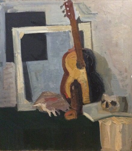 Still life with shell and guitar von Anna Trigub, Malerei kaufen auf Singulart