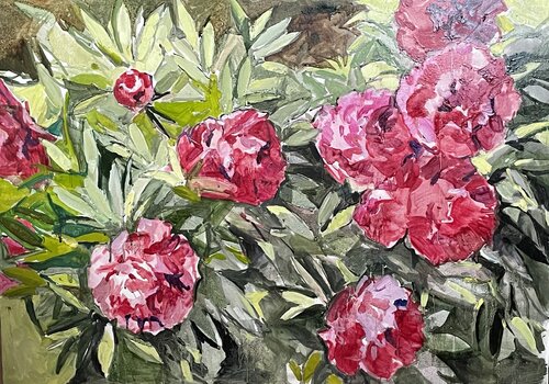 Raspberry-burgundy peonies de Anna Trigub, Pintura a la venta en Singulart