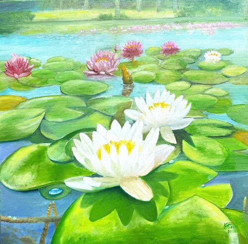 Water lilies in the Krmel pond de Volodymyr Tyzun, Pintura a la venta en Singulart
