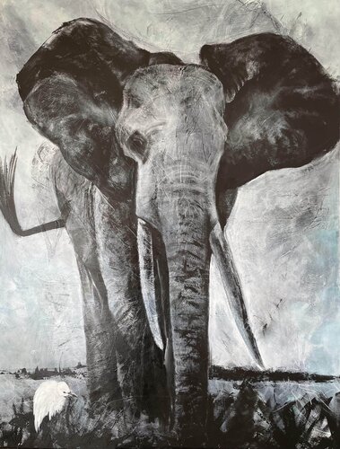The Elefant's Queen and the bird de Nadia Trautmann, Pintura a la venta en Singulart