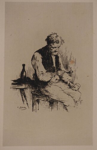 Homme à la pipe, Gravure originale signée di Théodule Ribot, Stampa in vendita su Singulart